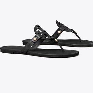 Authentic Tory Burch Miller Sandals Flip Flops Logo Leather Gray W 8.5